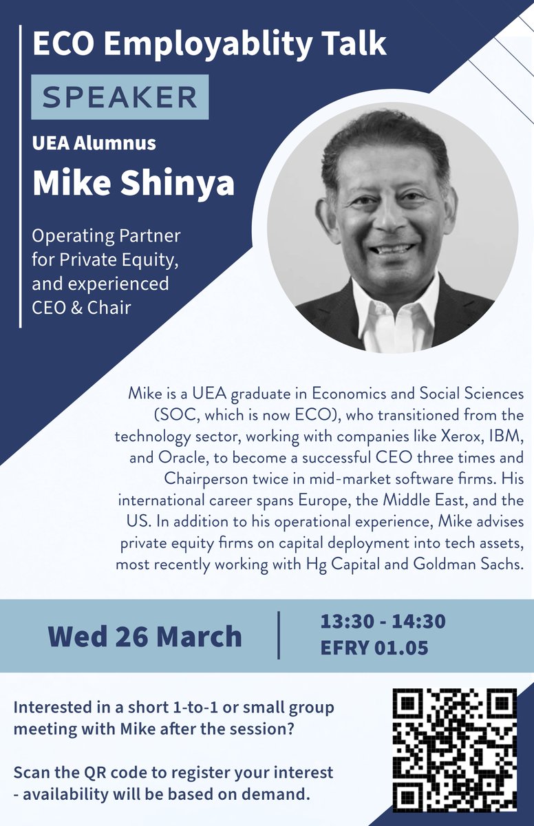 Join us next week for an exciting opportunity to hear from UEA alumnus Mike Shinya, an accomplished international technology executive with extensive experience in financial services and global business leadership. 
📅Wed 26 March 1:30-2:30pm
📍EFRY01.05
We hope to see you there!