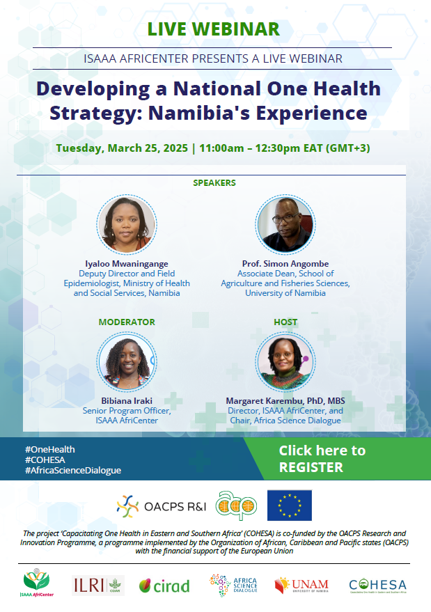 Pamela Wairagala (@pwairagala) on Twitter photo Want to know what it takes to develop a National One Health Strategy? Register for this webinar to learn from #Namibia's experience.
bit.ly/4iKl4GG
#OneHealth #COHESA <a href="/ILRI/">ILRI.org</a> <a href="/Cirad/">Cirad</a> <a href="/afri_isaaa/">ISAAA_AfriCenter</a>
<a href="/OacpsProgramme/">OACPS Research & Innovation</a> <a href="/PressACP/">OACPS Secretariat</a> <a href="/EU_Commission/">European Commission</a>
<a href="/UniversityofNa9/">University of Namibia</a> <a href="/uonbi/">University of Nairobi</a> <a href="/Makerere/">Makerere University</a> Want to know what it takes to develop a National One Health Strategy? Register for this webinar to learn from #Namibia's experience.
bit.ly/4iKl4GG
#OneHealth #COHESA <a href="/ILRI/">ILRI.org</a> <a href="/Cirad/">Cirad</a> <a href="/afri_isaaa/">ISAAA_AfriCenter</a>
<a href="/OacpsProgramme/">OACPS Research & Innovation</a> <a href="/PressACP/">OACPS Secretariat</a> <a href="/EU_Commission/">European Commission</a>
<a href="/UniversityofNa9/">University of Namibia</a> <a href="/uonbi/">University of Nairobi</a> <a href="/Makerere/">Makerere University</a>