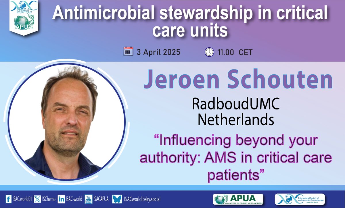 📢Meet the speaker
#Antimicrobialstewardship in critical care units
📆3 April 🕰11.00 CET

Dr Jeroen Schouten is internist and intensivist and a senior researcher at Radboudumc in Nijmegen, the Netherlands. He is Chair of <a href="/ESGAP_ABS/">ESGAP_ABStewardship</a> 
Register⬇
tinyurl.com/24cbevf3