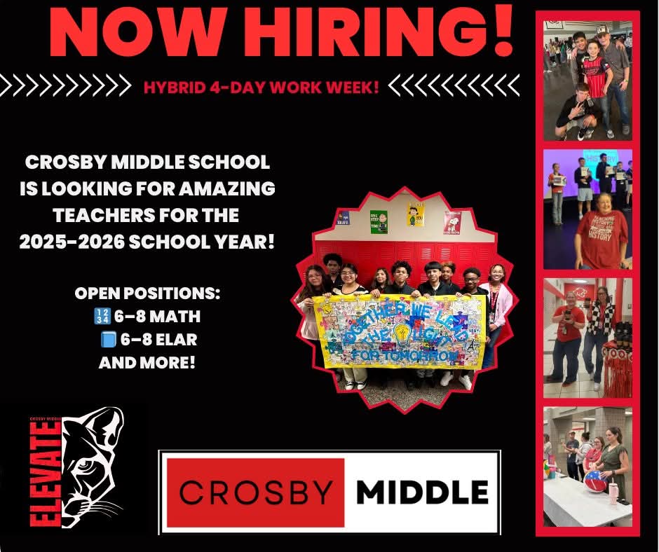 CrosbyMSCougars's tweet photo. If you're passionate about making a difference, love working with middle school students, and want to be part of a dynamic, supportive team — we want YOU!

📍 Great community
💼 Supportive leadership
🌟 Positive culture

Apply Today!

https://t.co/F3reoIRVcV https://t.co/qeoEXPdhtV