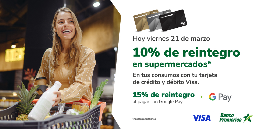 🍎 ¡Hoy viernes 21 de marzo tienes un 10% de reintegro en supermercados! 🛒  
¡Es el momento perfecto para llenar tu despensa! 🥫🥦

Si eres usuario de tarjeta de crédito inscríbete aquí: gprom.co/p/CCZCM6EZ

Si eres usuario de tarjeta de débito inscríbete aquí: