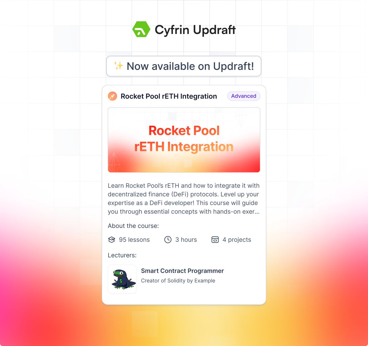 Cyfrin Updraft 🟩 (@cyfrinupdraft) on Twitter photo Dive deep into DeFi on Updraft ✨
<a href="/Rocket_Pool/">Rocket Pool</a>’s rETH Integration course is live 🚀
<a href="/ProgrammerSmart/">🐸Smart🐸Contract🐸Programmer🐸</a> teaches you rETH:
- Staking, yield, options, and rewards
- rETH math
- DeFi integration
- Re-staking with EigenLayer
Completing this course features a special bonus…
👇 Dive deep into DeFi on Updraft ✨
<a href="/Rocket_Pool/">Rocket Pool</a>’s rETH Integration course is live 🚀
<a href="/ProgrammerSmart/">🐸Smart🐸Contract🐸Programmer🐸</a> teaches you rETH:
- Staking, yield, options, and rewards
- rETH math
- DeFi integration
- Re-staking with EigenLayer
Completing this course features a special bonus…
👇