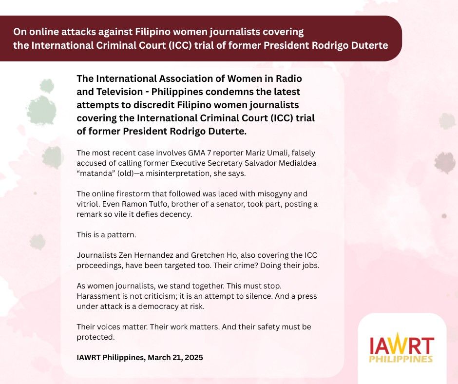 rapplerdotcom's tweet photo. 'THIS IS A PATTERN'

The International Association of Women in Radio and Television - Philippines condemns attacks against Filipino women journalists covering the International Criminal Court proceedings of former president Rodrigo Duterte.

RELATED: https://t.co/8djD06CM6f https://t.co/7aLIJF5pd1