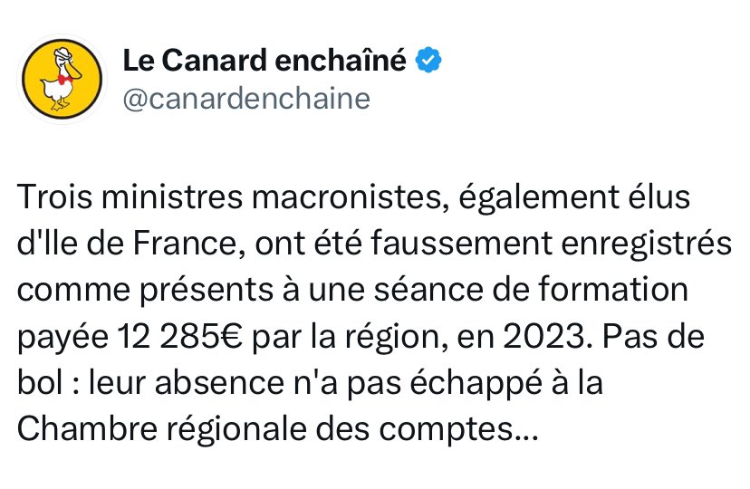 Il s’agit d’Aurore Bergé, Prisca Thévenot et Jean-Noël Barrot.
Ces gens n’arrêtent jamais de nous voler…
➡️ lecanardenchaine.fr/politique/5037…