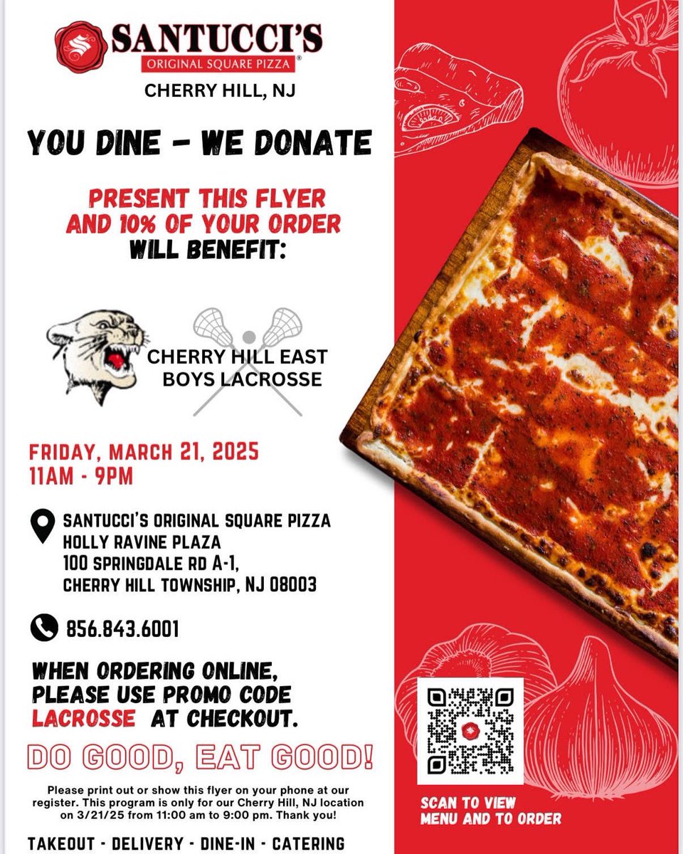 No lunch or dinner plans? Want to try something new, or an old favorite? Support East Boys Lacrosse TODAY Friday 3/21 ALL DAY (11am-9pm) at Santucci’s Cherry Hill in the Holly Ravine Shopping Center.