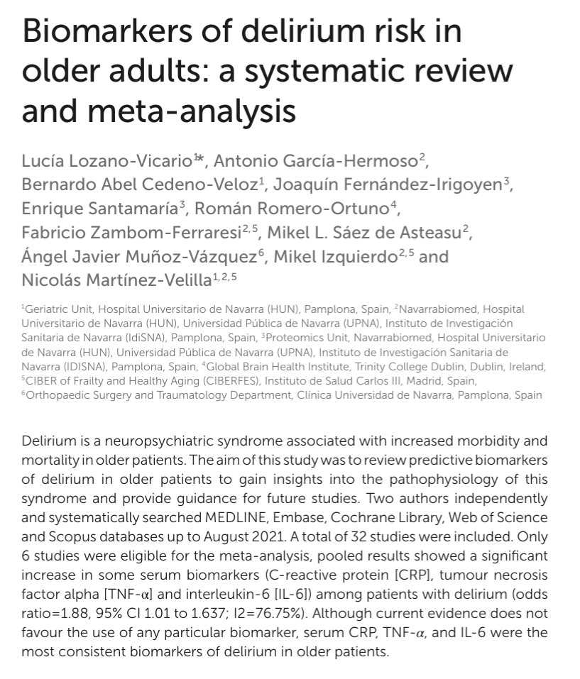 Alasdair MacLullich (@a_maclullich) on Twitter photo Biomarkers of #delirium in older patients
- 32 studies
- Inflammatory markers were most consistently associated with delirium
 - e.g. ⬆️ CRP, TNF-α, & IL-6 Biomarkers of #delirium in older patients
- 32 studies
- Inflammatory markers were most consistently associated with delirium
 - e.g. ⬆️ CRP, TNF-α, & IL-6