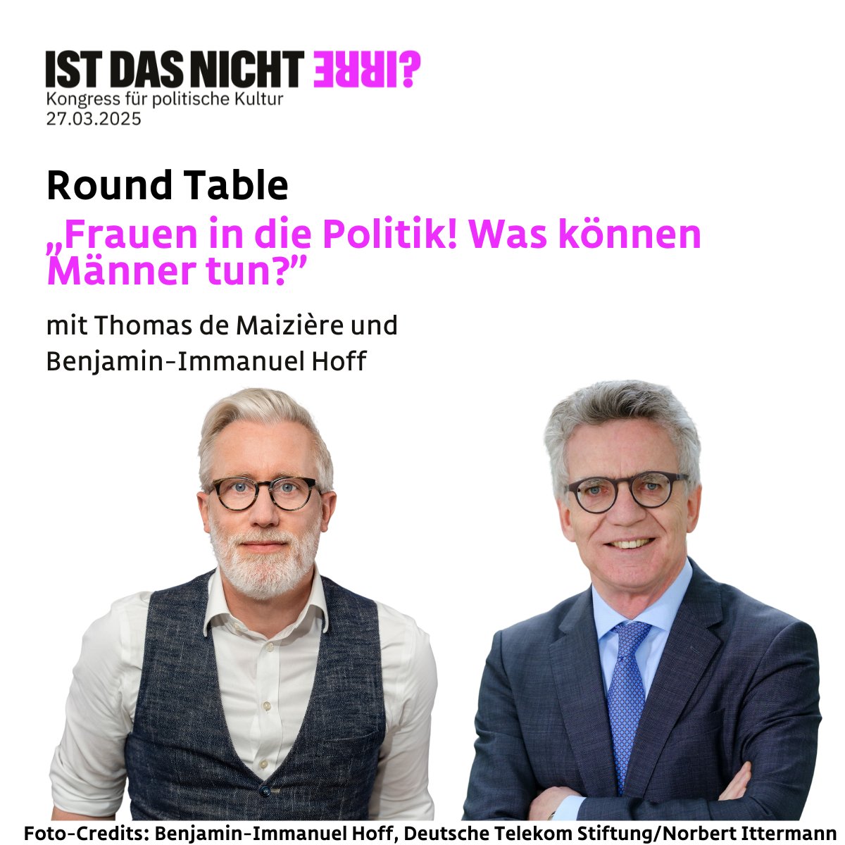Frauen in die Politik! Was Männer dazu beitragen können, besprechen wir mit Thomas de Maizière und Benjamin-Immanuel Hoff auf unserem Kongress für politische Kultur: ghst.de/kongress2025