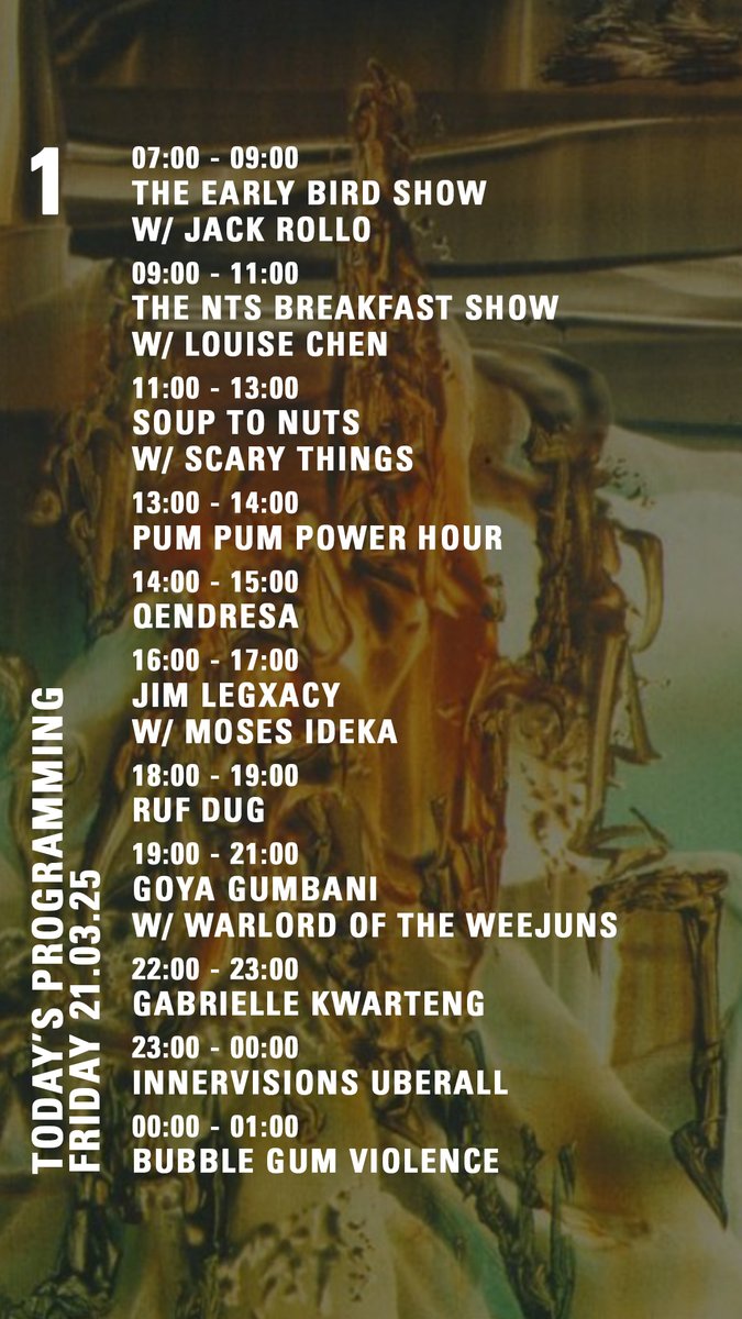 today on nts.live/1
<a href="/LilC95/">Lil C</a> <a href="/RufDug/">Ruf Dug</a> <a href="/Goyagumbani/">goya gumbani.</a> <a href="/innrvsns/">Innervisions</a>