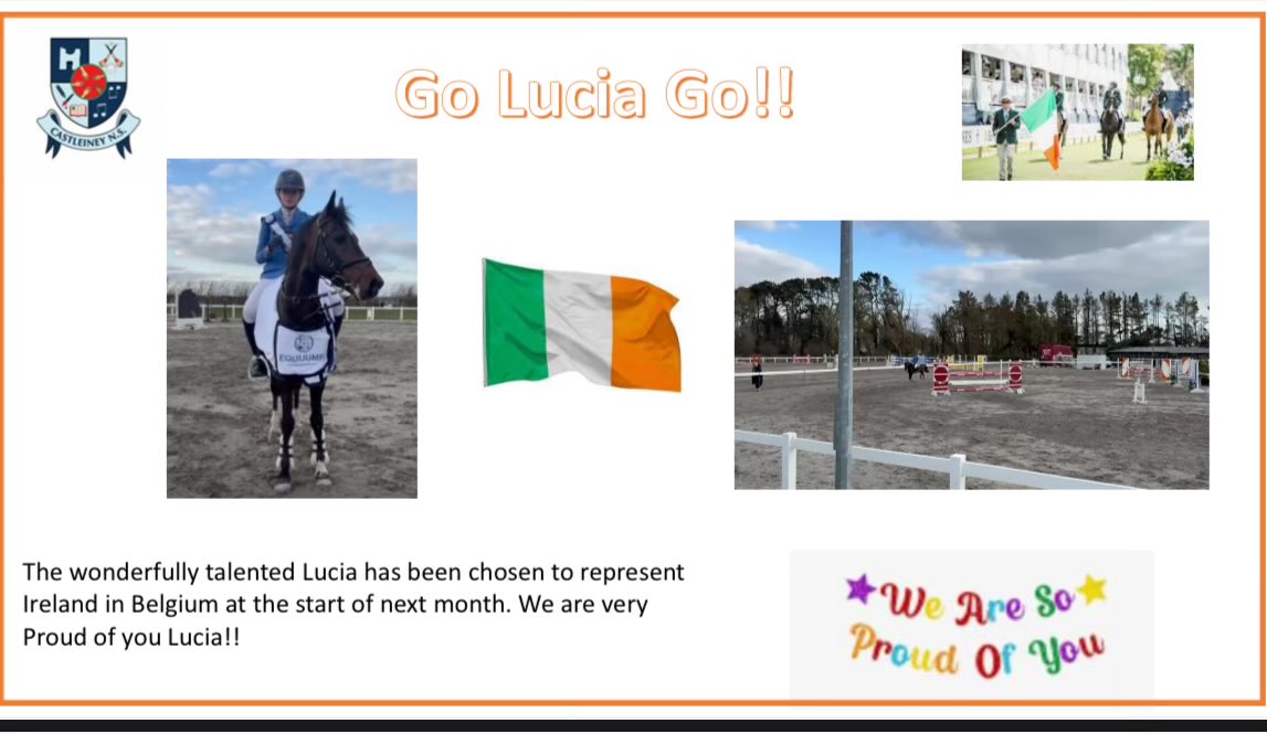 Castleiney NS (@castleineyns) on Twitter photo Lucia for ๐ฎ๐ช ๐
The amazing Lucia Keane <a href="/Ballinroe1/">Ballinroe Transport</a> has been rewarded for all her hard work by being chosen to represent Ireland in showjumping next month. To say we are proud is an understatement. You deserve it Lucia ๐๐ป <a href="/ShowjumpingIrl/">ShowjumpingIreland</a> #Childrenonhorses <a href="/TippFM/">Tipp FM</a> Lucia for ๐ฎ๐ช ๐
The amazing Lucia Keane <a href="/Ballinroe1/">Ballinroe Transport</a> has been rewarded for all her hard work by being chosen to represent Ireland in showjumping next month. To say we are proud is an understatement. You deserve it Lucia ๐๐ป <a href="/ShowjumpingIrl/">ShowjumpingIreland</a> #Childrenonhorses <a href="/TippFM/">Tipp FM</a>