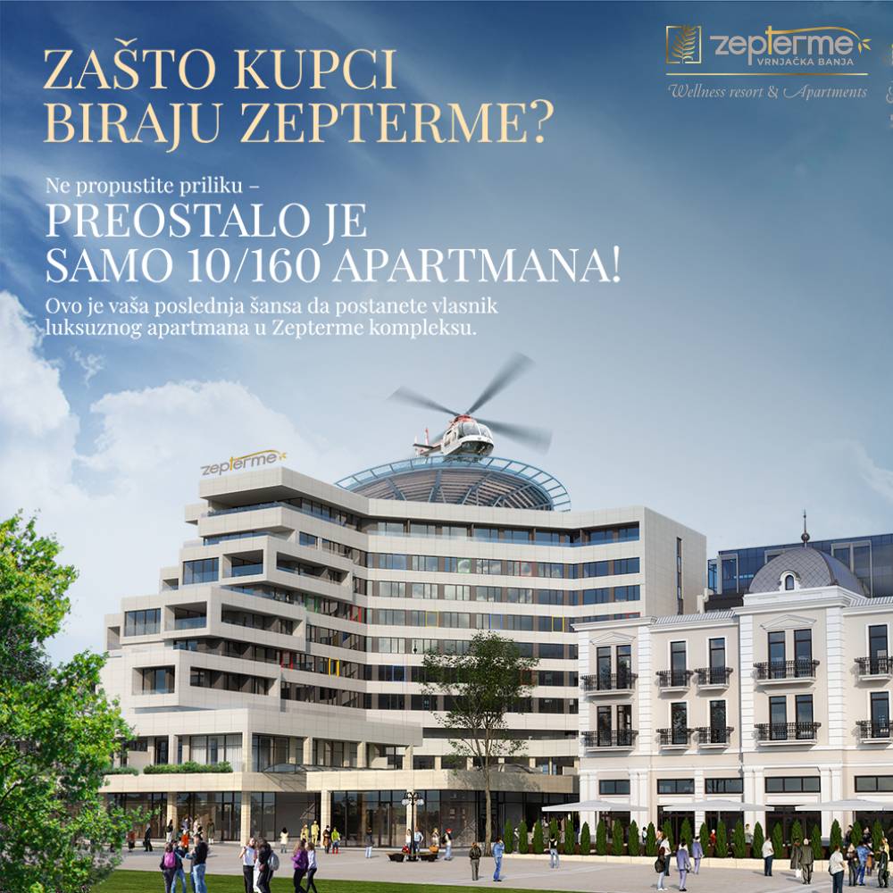 🏡 ZAŠTO KUPCI BIRAJU ZEPTERME BY PHILIP ZEPTER?
Ne propustite priliku da postanete vlasnik luksuznog apartmana u prestižnom ZepTerme kompleksu u divnoj Vrnjačkoj Banji!
Preostalo je još samo 10 od 160 apartmana: budite deo ekskluzivne zajednice!
➡️ zepterme.rs