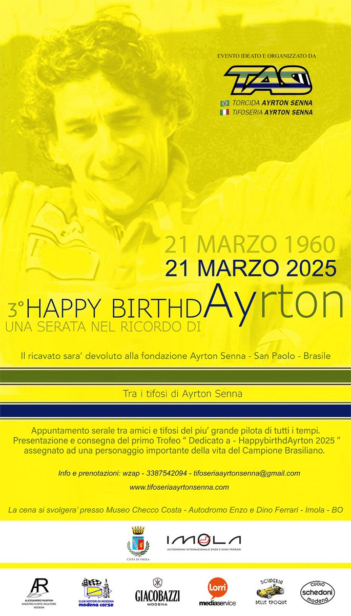 Stasera

HappyBirthdAyrton

un evento speciale
dedicato al leggendario Ayrton Senna
nel giorno della sua nascita

una serata di Motorsport e solidarietà

Grazie per l’invito al Torcida Ayrton Senna Italia

#HappyBirthdAyrton #tasitalia  #AyrtonSenna #AyrtonSennaForever #Passion