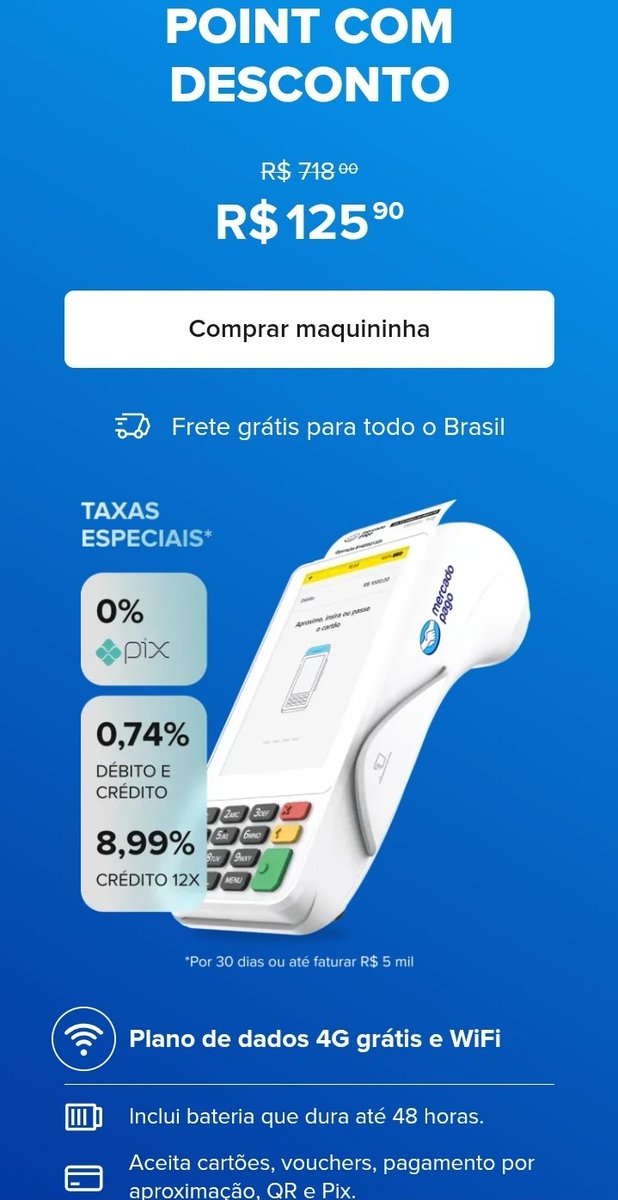 WebMarcas's tweet image. PROMOÇÃO IMPERDÍVEL! *82% de desconto para comprar sua maquininha Point Pro 3*.
 *Aproveite esse desconto e garanta taxas promocionais. | TAGS do momento #SelecaoBrasileira #vini
OBTER OFERTA 👇
 *🤑 💳 😎*
mpago.li/2RaC16D