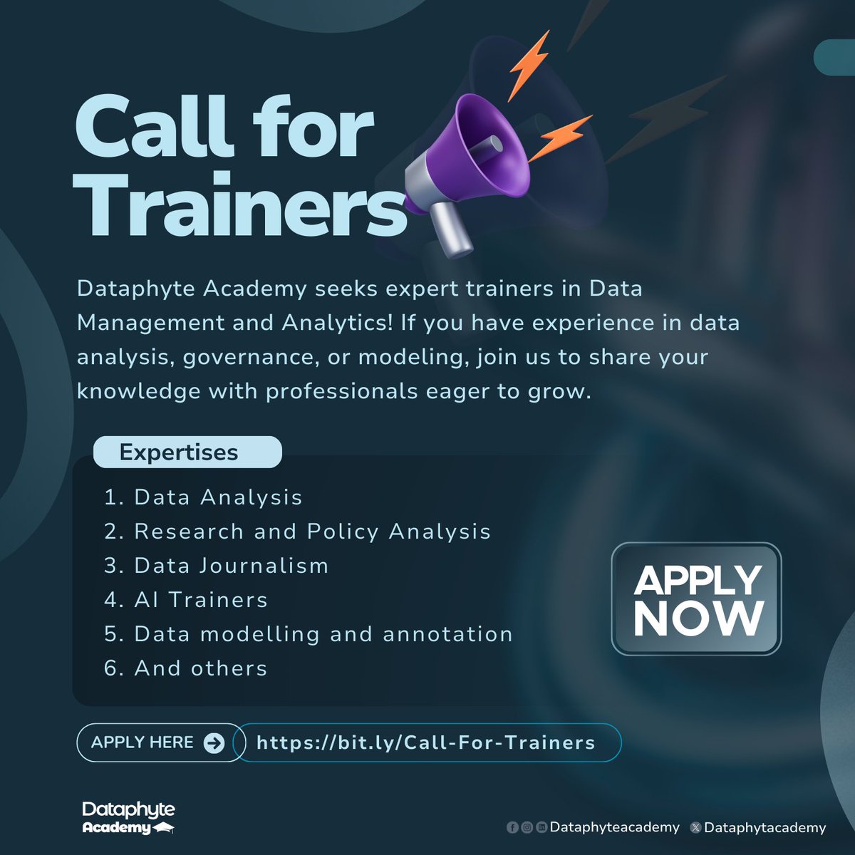 DataphytAcademy's tweet photo. Are you an expert in data analysis, governance, or AI training?
Dataphyte Academy is looking for trainers to share their knowledge.
If that sounds like you, apply here: https://t.co/EVhIIXc84e
#data_codexpert #AI #Tech4All #DataCenter #datafordevelopment https://t.co/dm6070fEpR