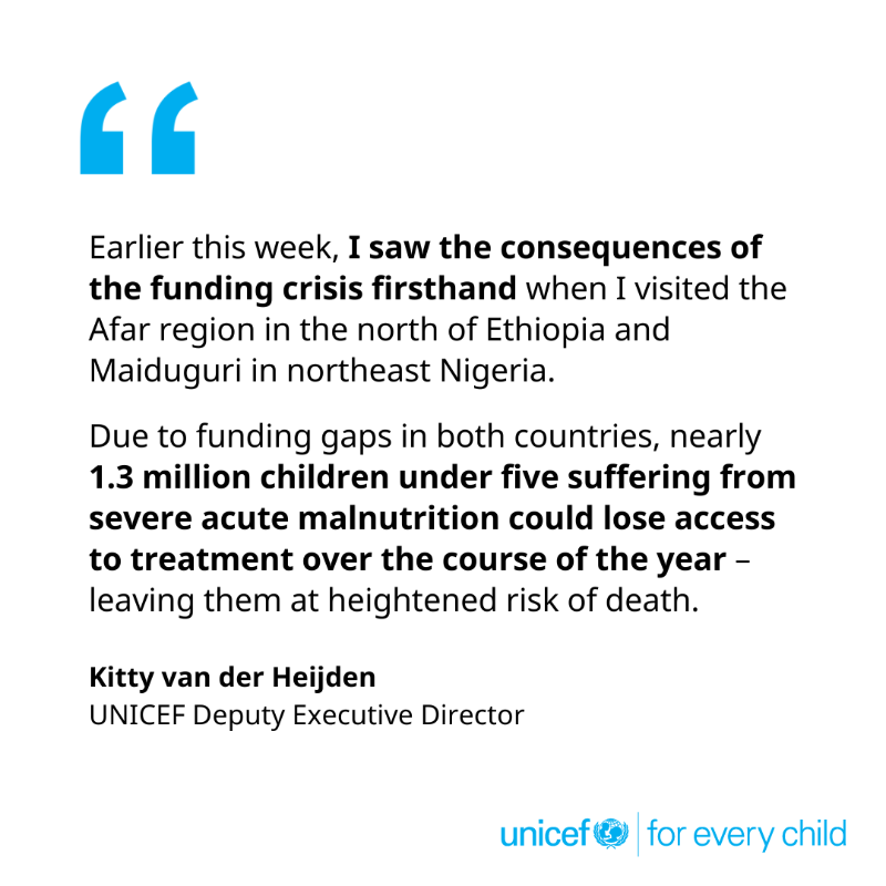 UNICEF's tweet photo. “The funding crisis goes far beyond Ethiopia and Nigeria…this is happening around the world, and the most vulnerable children are bearing the brunt.”

UNICEF’s @KittyvdHeijden warns of the deadly impact of ongoing funding cuts on children’s health and survival.