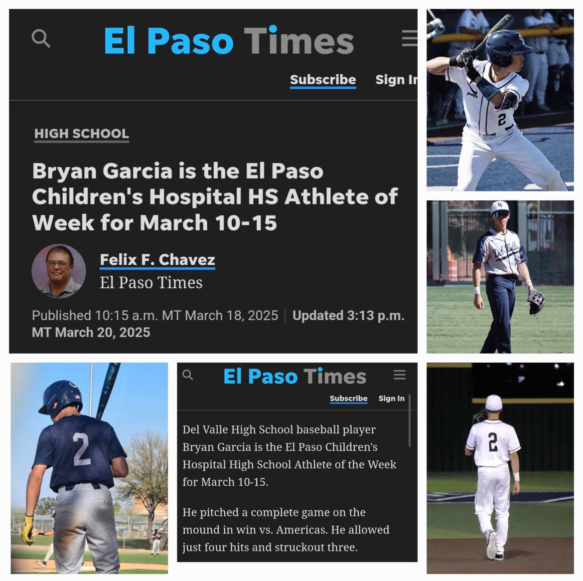Del Valle Baseball (@dvbaseball_ofod) on Twitter photo Let’s all congratulate our very own Bryan Garcia for winning El Paso Children’s Hospital HS Athlete of the Week! We are very proud and never stop working. #OFOD
<a href="/VHairston_DVHS/">Valerie Hairston</a>
<a href="/Jbeard241/">Jbeard24</a>
<a href="/ContrerasDVOFOD/">Rudy Contreras</a>
<a href="/BryanGarcia2026/">Bryan Garcia</a>
<a href="/Fchavezeptimes/">Felix Chavez</a> Let’s all congratulate our very own Bryan Garcia for winning El Paso Children’s Hospital HS Athlete of the Week! We are very proud and never stop working. #OFOD
<a href="/VHairston_DVHS/">Valerie Hairston</a>
<a href="/Jbeard241/">Jbeard24</a>
<a href="/ContrerasDVOFOD/">Rudy Contreras</a>
<a href="/BryanGarcia2026/">Bryan Garcia</a>
<a href="/Fchavezeptimes/">Felix Chavez</a>