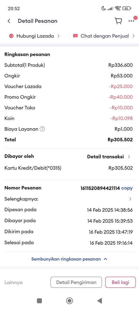 nsnsrn's tweet photo. Halo @LazadaID @HaloBCA
Saya  bertransaksi 1x tapi saya kena potong 2x di lazada id menggunakan cc bca.
Kronologi:
- tanggal 14 Feb saya membeli susu di lazada id sebesar Rp. 305.502, no transaksi 1611520894421114
- entah kenapa transaksi 1 gagal sehingga saya mencoba lagi. https://t.co/UWPRjoctTx