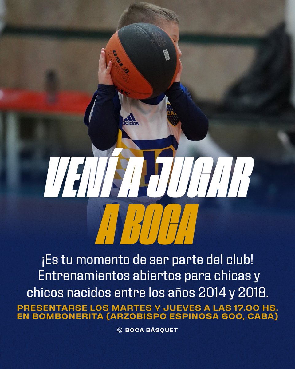 ¡Queremos que vistas la camiseta del club! ⛹🏼‍♂️

Se abren los entrenamientos (sin pruebas) para chicas y chicos nacidos entre los años 2014 y 2018 😀

¡Vení a ser parte de nuestro básquet! 🏀

#DaleBoca 🔵🟡🔵