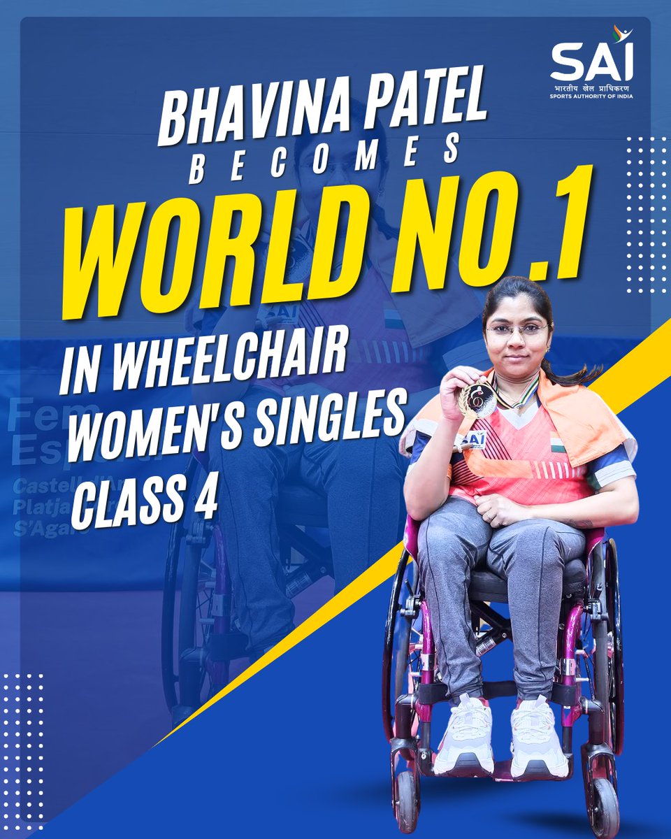 #TokyoParalympics 2020 Silver medallist🥈 para #TableTennis🏓 star Bhavina Patel has achieved new milestone. With 6965 points, she is ranked World No 1 in the wheelchair Women's Singles Class 4 in the latest #ITTF World Para Rankings.

Let's cheer for her as she continues to make