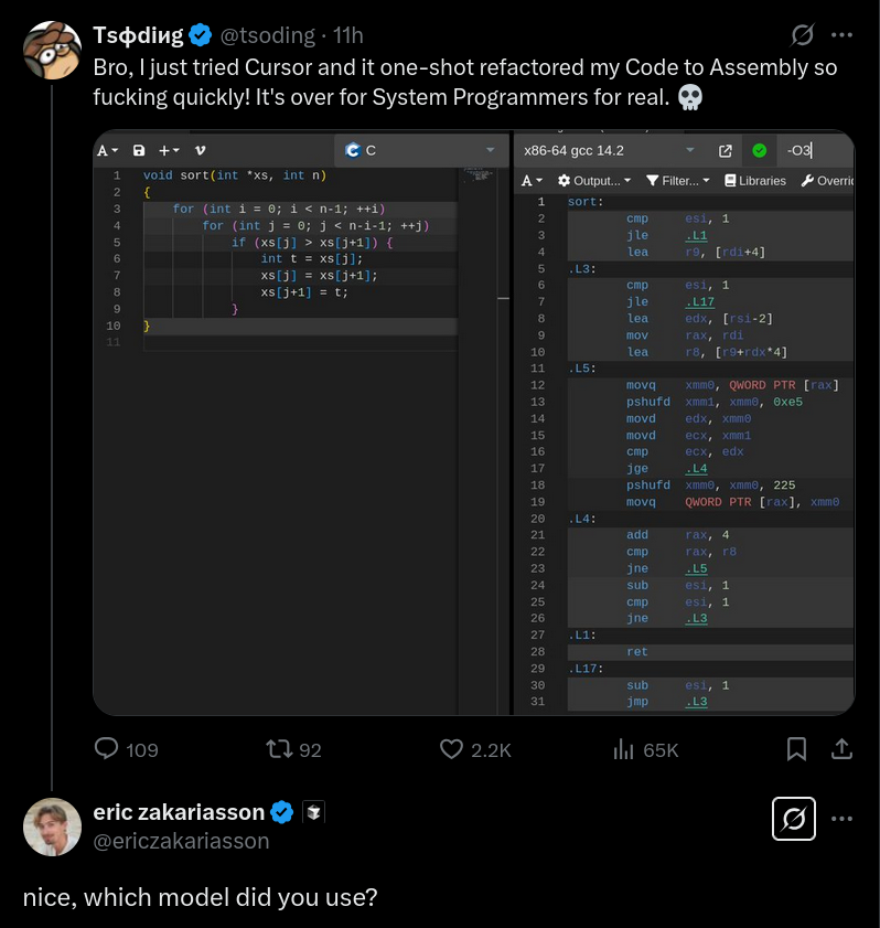 This is a reply from an official Cursor dev (look at the organization badge). Bro's being genuine. He's DM-ing me to give Pro. This is everything you need to know about the people "building" our future. Transforming higher level languages to Assembly is a Technology from 1950s.