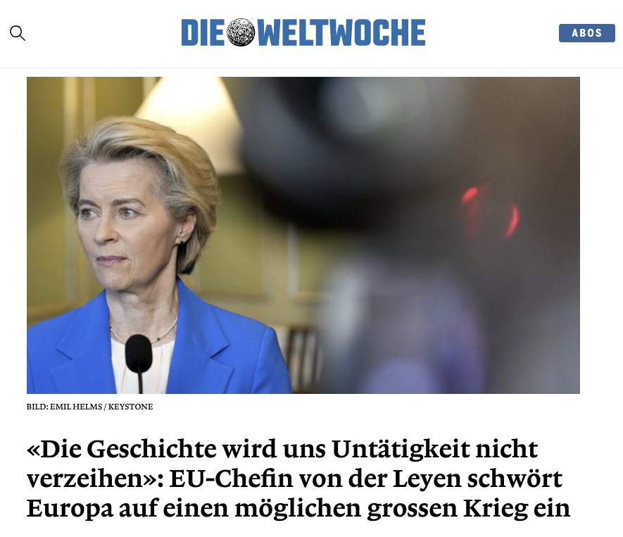 Alice_Weidel's tweet photo. Die Verantwortungsträger auf EU-Ebene haben nun endgültig den Verstand verloren:  Statt sich in die laufenden Verhandlungen einzubringen, schwört EU-Kommissionspräsidentin Ursula von der Leyen die Mitgliedsstaaten auf einen großen Krieg gegen Russland ein. https://t.co/J38kQDt5VM