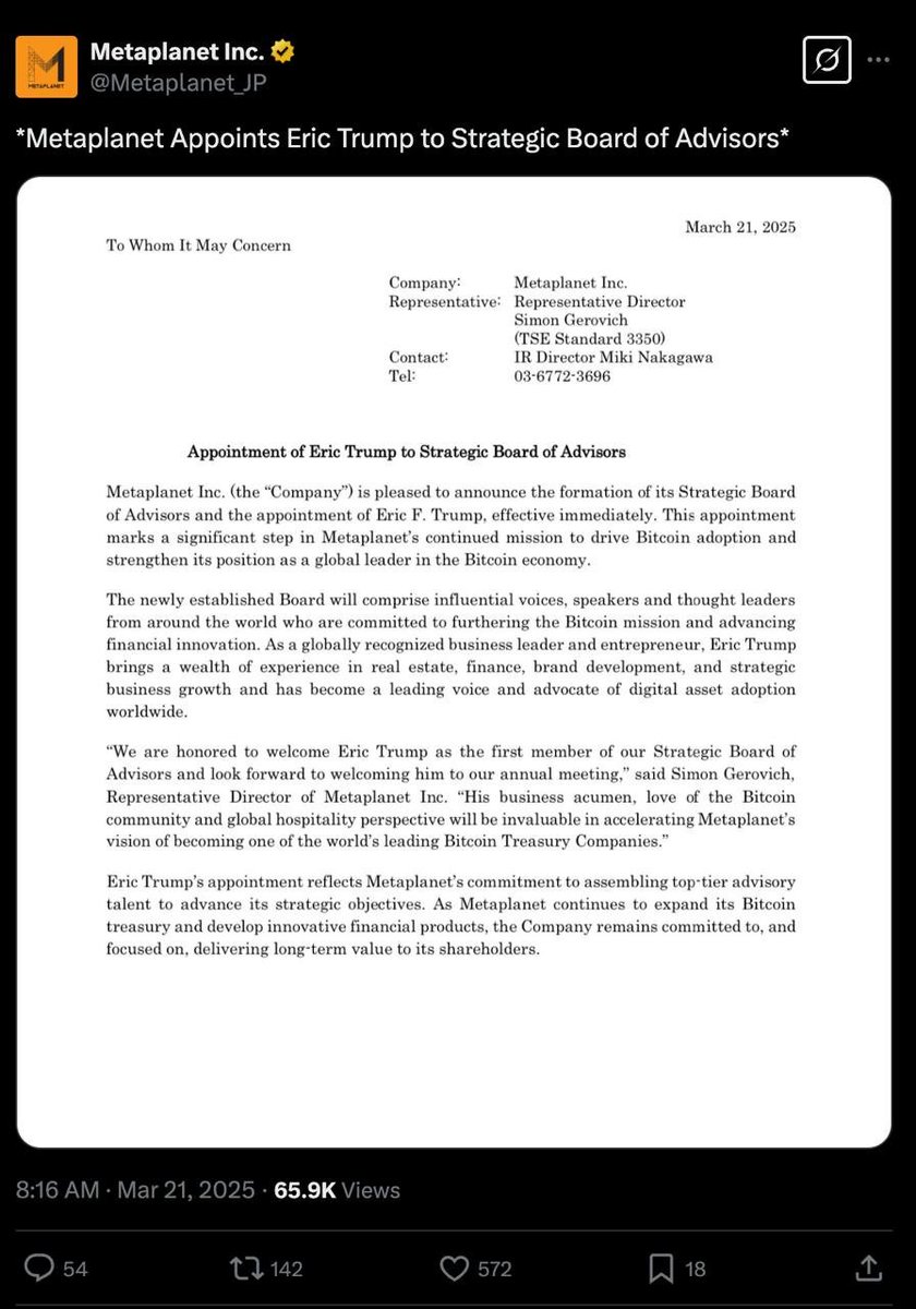 tdn21079's tweet photo. Metaplanet Appoints Eric Trump (Son of President Donald Trump) to Strategic Advisory Board 😳 https://t.co/Z5UfDD7Ufo