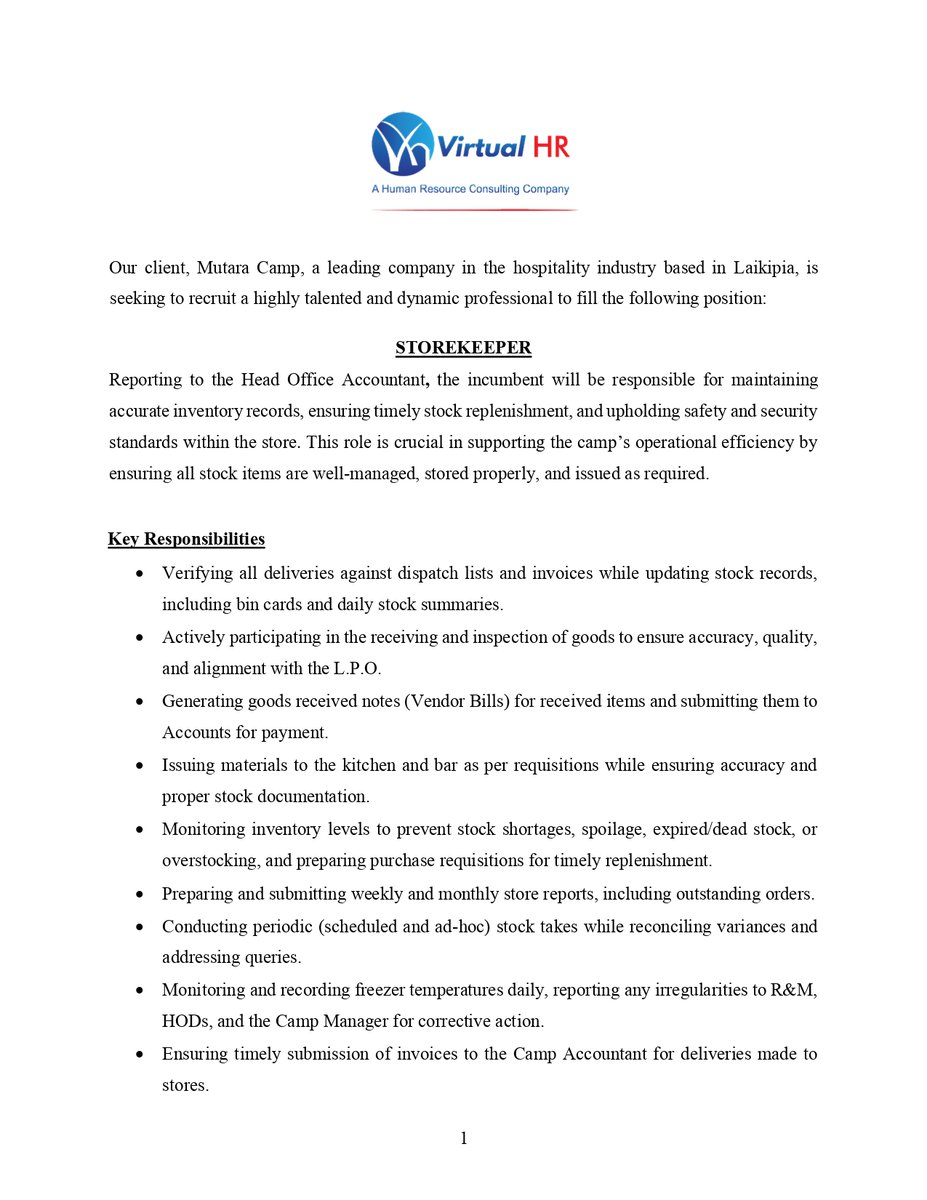 VirtualHRKenya's tweet photo. Are you detail-oriented and passionate about keeping things organized? Mutara Camp, a leading #hospitality destination in Laikipia, is looking for a #Storekeeper to manage inventory, ensure timely #stock replenishment, ...#hiring #hiringnow #ikokazike #jobs #JobSearch #Jobs https://t.co/R8IeE6Ex0C