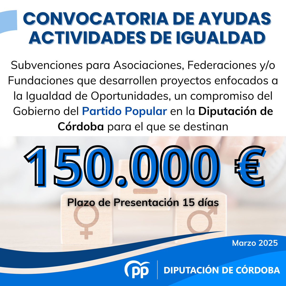 👫 𝓘𝓰𝓾𝓪𝓵𝓭𝓪𝓭 𝓡𝓮𝓪𝓵

Otra de las Ayudas impulsadas por el Gobierno del PP en la Diputación de Córdoba, han sido las de Proyectos que trabajen por la Igualdad en nuestra provincia.

💶 𝟙𝟝𝟘.𝟘𝟘𝟘 € para actividades que se desarrollen a lo largo del año 2024