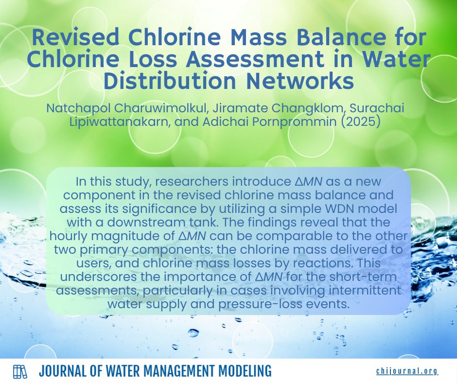 The JWMM has published "Revised Chlorine Mass Balance for Chlorine Loss Assessment in Water Distribution Networks" by N. Charuwimolkul, J. Changklom, S. Lipiwattanakarn, and A. Pornprommin. Visit chijournal.org to read this and other papers on water management modeling.