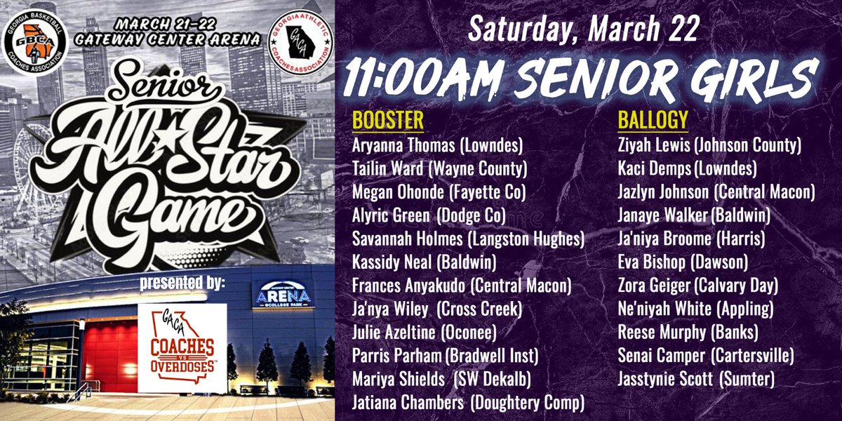 The 2025 GBCA  All-Star Basketball games, presented by GACA Coaches vs. Overdoses, goes down Saturday (3/22) <a href="/GatewayArena/">Gateway Center Arena @ College Park</a> 

11:00AM Senior Girls  Team  Booster vs Team Ballogy