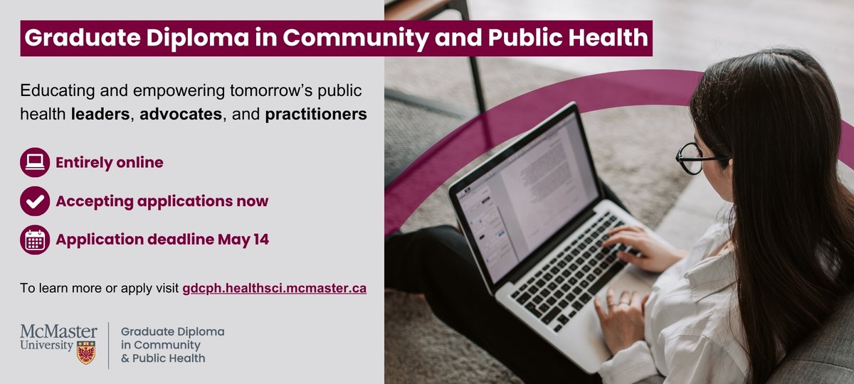 gdcph_mcmaster's tweet photo. The GDCPH program was designed to meet the urgent need for flexible public health training. Find out more about the program and admission requirements on our website. Application deadline May 14th https://t.co/ZGmEkyWiYK #publichealth #graduatestudies https://t.co/U3l2w8RvdJ