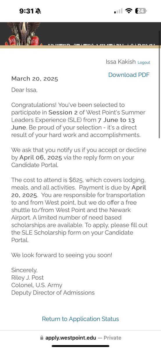 Issa Kakish (@issakakish20) on Twitter photo Just got accepted to the Summer Leadership Program at West Point. Thank You <a href="/WestPoint_USMA/">U.S. Military Academy at West Point</a> for letting me be apart something great.
<a href="/CoachJohnLoose/">John Loose</a> <a href="/CoachJeffMonken/">Jeff Monken</a> <a href="/athleticshpcsd/">Hyde Park Athletics</a> <a href="/PokJournal/">Poughkeepsie Journal</a> <a href="/CoachKenBarger/">Ken Barger</a> <a href="/ArmyFB_Recruit/">Army Football Recruiting</a> <a href="/ArmyWP_Football/">Army Football</a> <a href="/USArmy/">U.S. Army</a> <a href="/FootballFdr/">FDRPresidentsFootball</a> <a href="/HPCSDNY/">Hyde Park Central Schools</a> Just got accepted to the Summer Leadership Program at West Point. Thank You <a href="/WestPoint_USMA/">U.S. Military Academy at West Point</a> for letting me be apart something great.
<a href="/CoachJohnLoose/">John Loose</a> <a href="/CoachJeffMonken/">Jeff Monken</a> <a href="/athleticshpcsd/">Hyde Park Athletics</a> <a href="/PokJournal/">Poughkeepsie Journal</a> <a href="/CoachKenBarger/">Ken Barger</a> <a href="/ArmyFB_Recruit/">Army Football Recruiting</a> <a href="/ArmyWP_Football/">Army Football</a> <a href="/USArmy/">U.S. Army</a> <a href="/FootballFdr/">FDRPresidentsFootball</a> <a href="/HPCSDNY/">Hyde Park Central Schools</a>