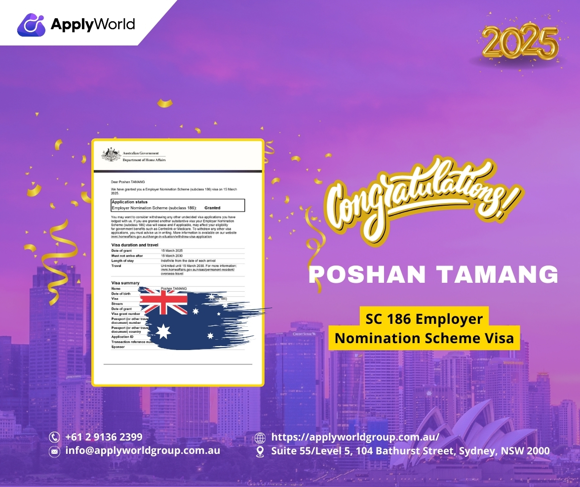 ApplyWorldGroup's tweet image. Congratulations, Tamang Family!
Our clients, Poshan &amp;amp; Manju Tamang, recently received an SC 186 Employer Nomination Scheme visa grant! Thank you for choosing Apply World Group to help you pursue your Australian dream. We are proud of you both!

#ApplyWorldGroup #SuccessfulClient