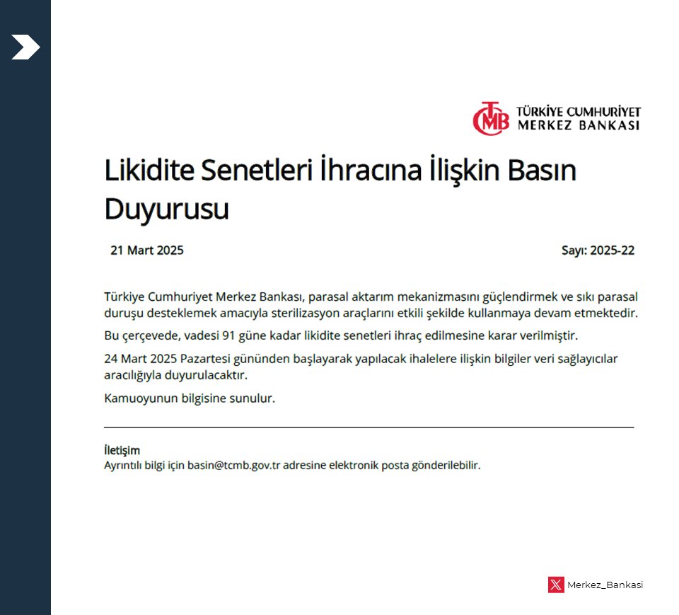 Likidite Senetleri İhracına İlişkin Basın Duyurusu: tcmb.tl/AKf9449