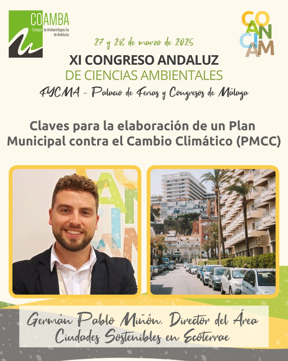 🆕Taller Claves para la elaboración de un Plan Municipal contra el #CambioClimático #PMCC
💬 <a href="/gpabmin/">Germán Pablo Miñón</a> Director del Área Ciudades Sostenibles <a href="/ECOTERRAE/">Ecoterrae</a> 

#COANCIAM 
🗓️27 y 28 de marzo de 2025
📍 Málaga #FYCMA
🔗coamba.es/coanciam/inscr…

#SectorAmbiental #MedioAmbiente #SomosCOAMBA