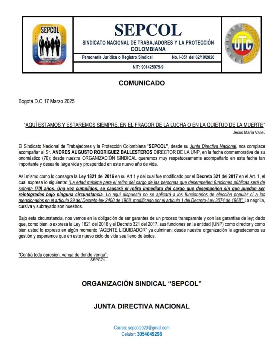 <a href="/petrogustavo/">Gustavo Petro</a> <a href="/AABenedetti/">Armando Benedetti</a> <a href="/MintrabajoCol/">MinTrabajo</a> <a href="/MinInterior/">MinInterior Colombia</a> <a href="/laurisarabia/">Laura Sarabia</a> <a href="/PalmaEdwin/">Edwin Palma Egea</a> <a href="/BluRadioCo/">BluRadio Colombia</a> Excelente 👏🏼 lo mejor que le pueda pasar a él Sr Augusto es su retiro obligatorio y con esto un salvavidas al programa de protección UNP !