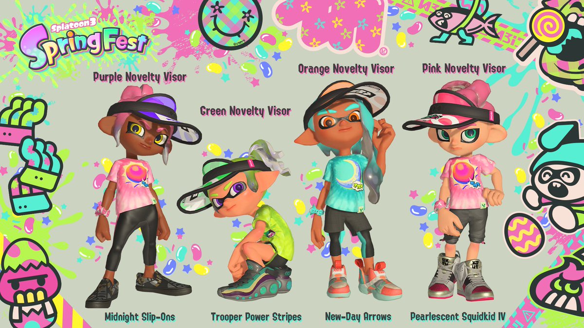 SplatoonNA's tweet photo. To celebrate Spring Fest, we're opening the archives and making the Spring Fest gear from Splatoon 2 available once again!

Claim yours from the lobby terminal after launching the game from the latest Splatoon 3 news article on your Nintendo Switch device. https://t.co/89dmYltazA