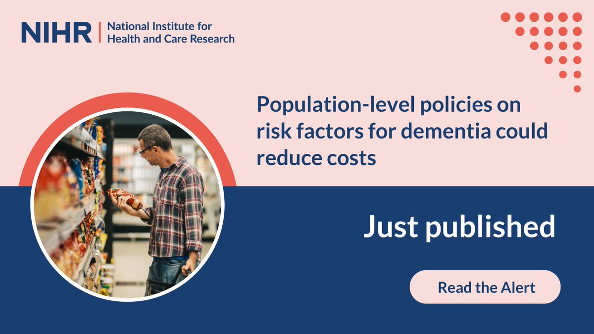 Targeting risk factors for dementia can help people stay healthy for longer, new research has found. These include high blood pressure, smoking and obesity.

This can also reduce costs for the NHS and social care.

Read more: evidence.nihr.ac.uk/alert/populati…