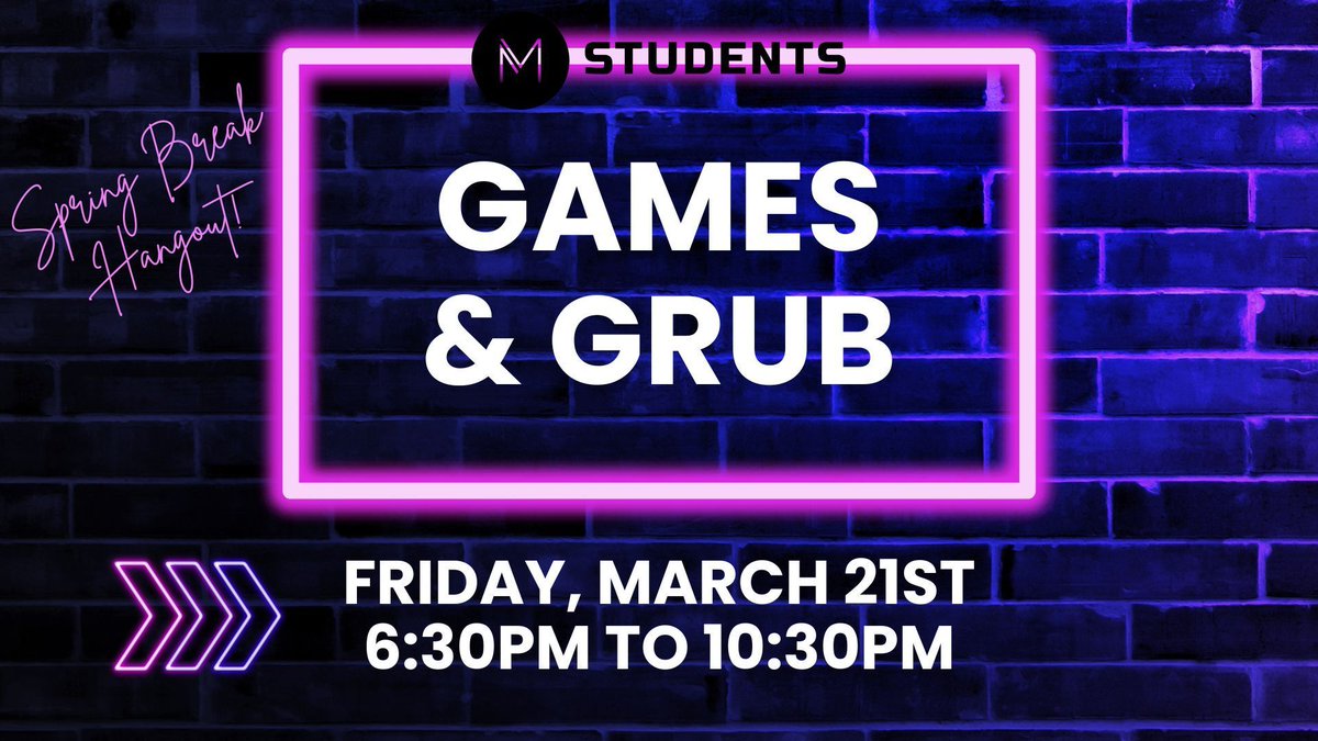 FirstMooreSM's tweet photo. Spring Break Hangout!

Tonight in the student center starting at 6:30pm.
We will eat, play games, and hangout. https://t.co/jIhHCFl2Av