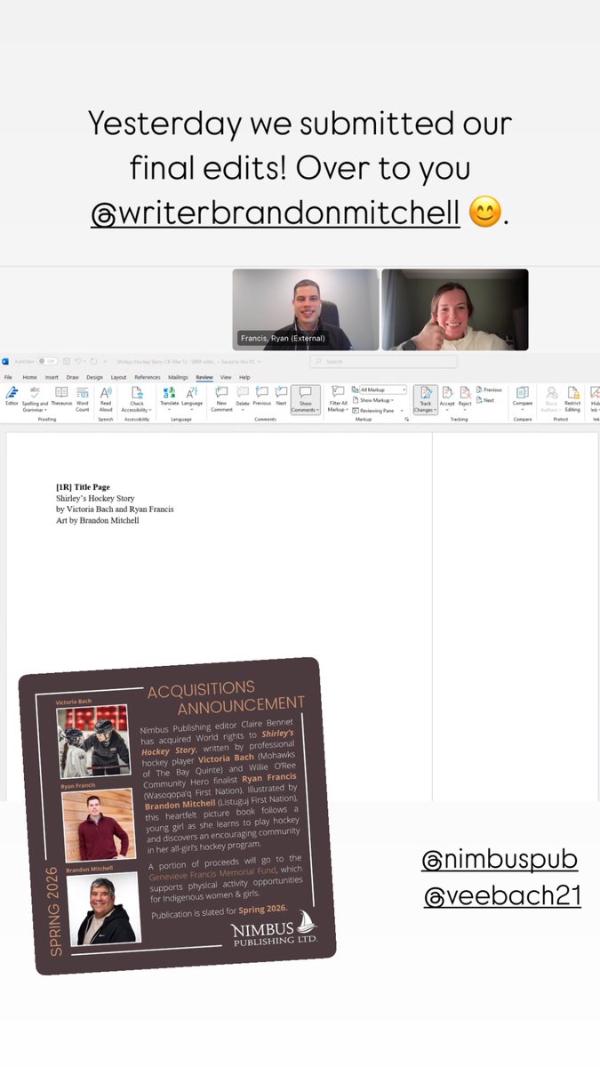 Ryan Francis (@ryanfrancis58) on Twitter photo Yesterday <a href="/veebach21/">Victoria Bach</a> and I submitted our final edits for Shirley’s Hockey Story, which is only a year away from publication! We can’t wait for Brandon to do his thing and make the story come to life 😊✏️.
<a href="/NimbusPub/">Nimbus Publishing</a> Yesterday <a href="/veebach21/">Victoria Bach</a> and I submitted our final edits for Shirley’s Hockey Story, which is only a year away from publication! We can’t wait for Brandon to do his thing and make the story come to life 😊✏️.
<a href="/NimbusPub/">Nimbus Publishing</a>