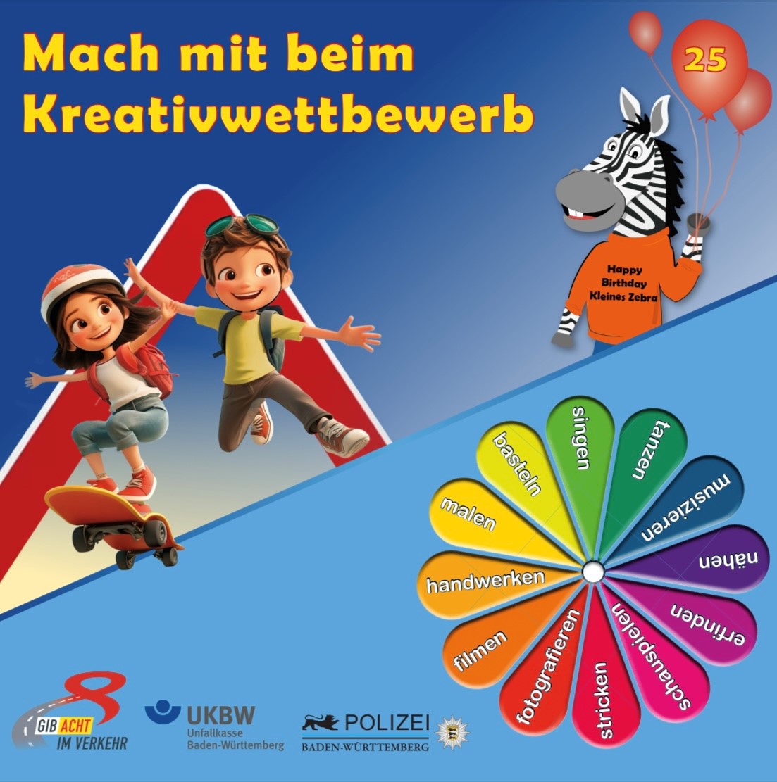 Liebe Eltern,
wir laden alle Kinder bis zum 13. Lebensjahr herzlich ein, am Kreativwettbewerb für sichere Straßen teilzunehmen!

Weitere Informationen findet ihr auf gib-acht-im-verkehr.de/aktuelles/krea…

Eure #PolizeiBW