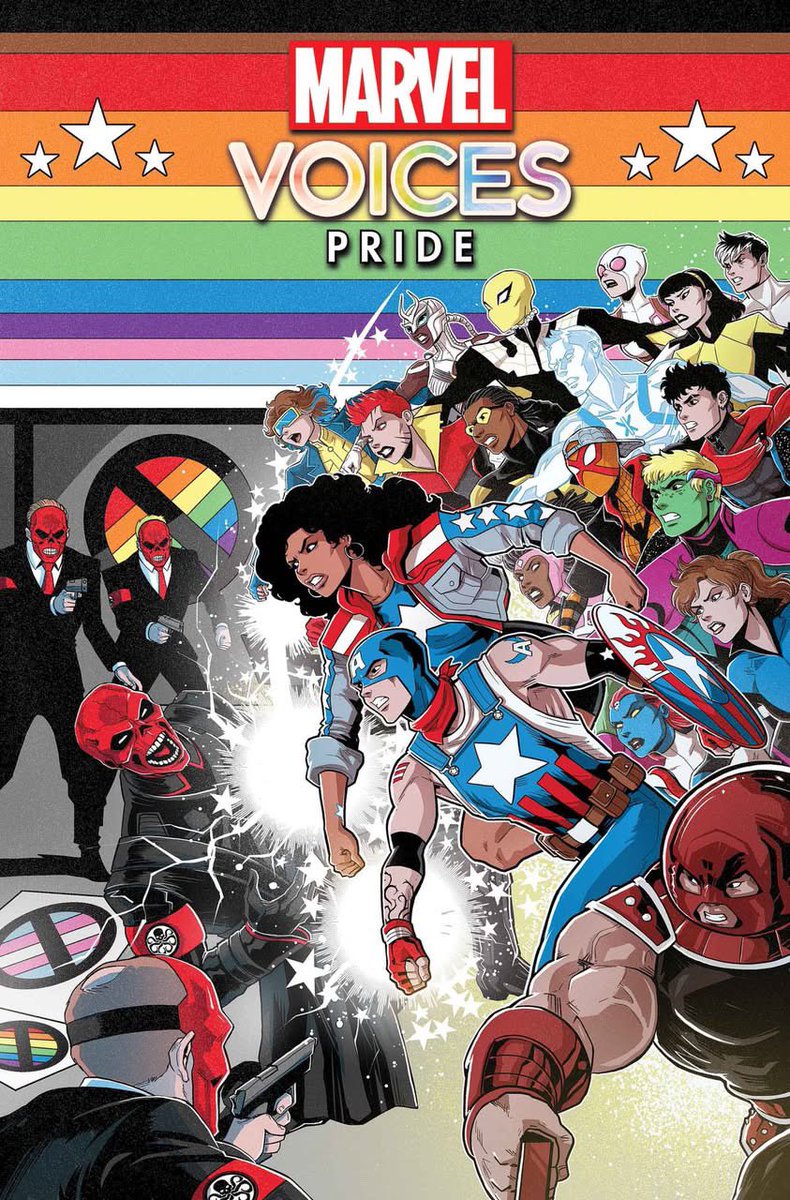 LucianoVecchio's tweet photo. This year, for Marvel United: A Pride Special I felt the urge to homage the cover of Captain America Comics #1 by Jack Kirby and Joe Simon, to invoke and remember the inspiring fascist-punching roots of the superhero genre. https://t.co/LYVfwehesd
