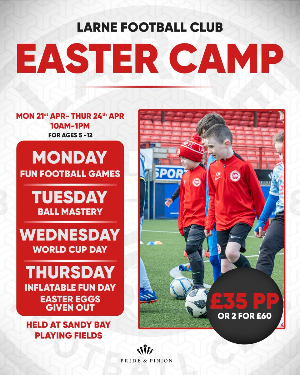 larnefc's tweet photo. After 𝗿𝗲𝗰𝗼𝗿𝗱 𝗻𝘂𝗺𝗯𝗲𝗿𝘀 at our half-term camp, we’re excited to confirm the details for our upcoming Easter Camp! 😀🔴

Book now and enjoy four days of football filled fun at Sandy Bay 🔥

📲 https://t.co/dCeXdJSIp9

#WeAreLarne #ForTheTown https://t.co/aAEARePFJz