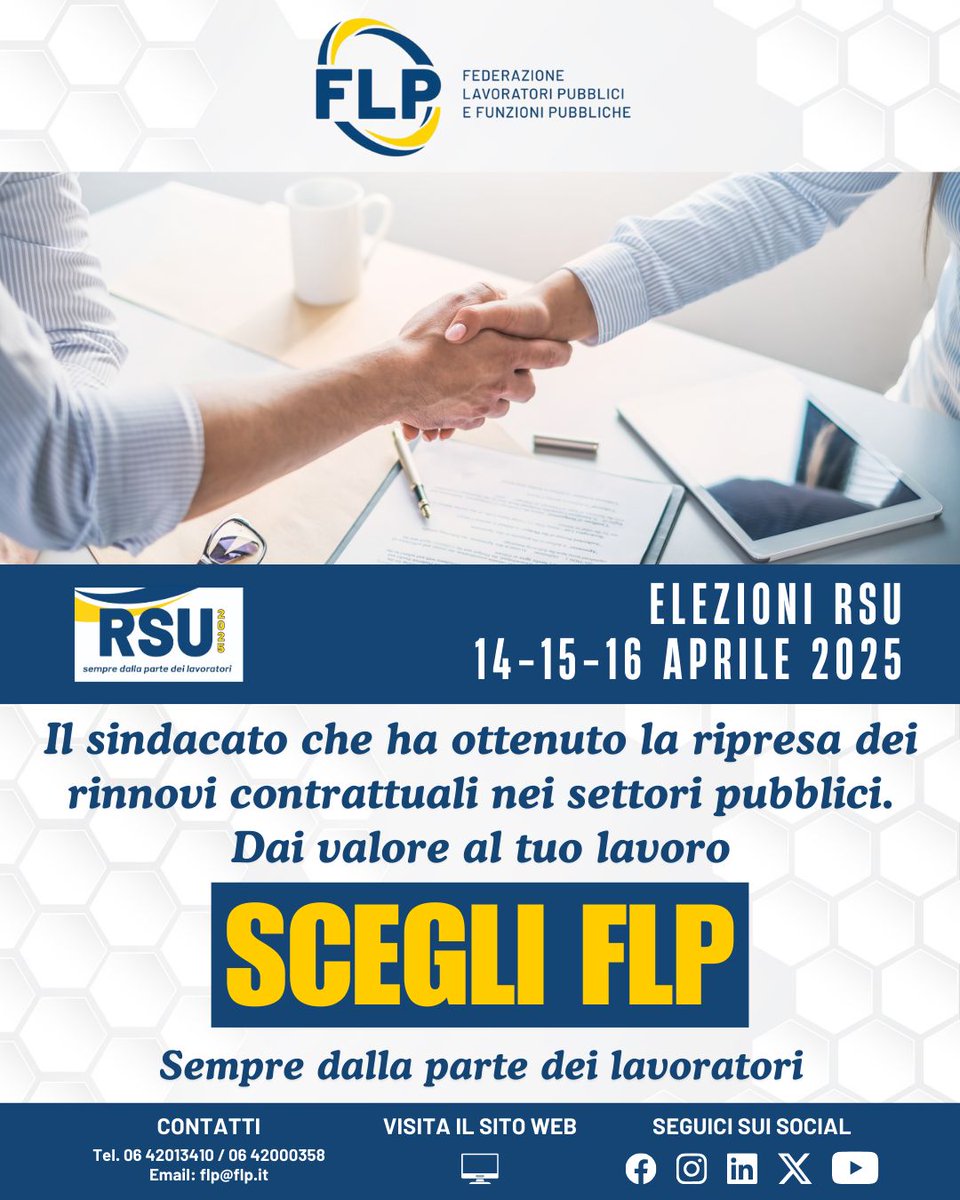 📌 Se oggi i rinnovi contrattuali sono realtà, è grazie a noi. FLP ha lottato contro il blocco della contrattazione, ottenendo la ripresa dei rinnovi contrattuali nella PA.
🗳 Il 14, 15 e 16 aprile, SCEGLI FLP!

Scopri di più 👉🏻 flp.it 

#VotaFLP #RSU2025