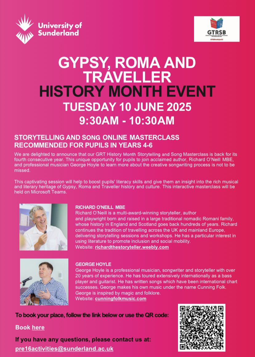 YEAR 4-6 TEACHERS!

We’re delighted to be collaborating with <a href="/therroneill/">Richard O'Neill</a> &amp; Cunning Folk (George Hoyle) on <a href="/sunderlanduni/">University of Sunderland</a> #GRTHM events. We’d love your pupils to join us at this event.

Scan QR code to book or contact pre16activities@sunderland.ac.uk to find out more. #WeAreSun