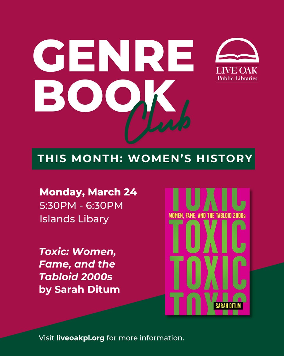 Celebrate Women's History Month with the Genre Book Club at Island's Library. This month, we’re reading Toxic: Women, Fame, and the Tabloid 2000s by Sarah Ditum. Join the discussion—open to all! Swipe to see this month's book.

#LOPL #LOPLPrograms #WomensHistoryMonth #WHM