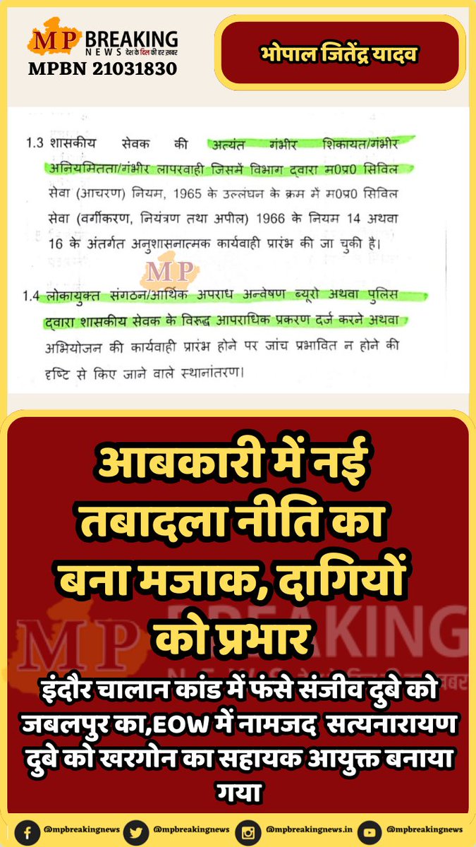 mpbreakingnews's tweet image. आबकारी में नई तबादला नीति का बना मज़ाक, दागियों को प्रभार

इंदौर चालान कांड में फंसे संजीव दुबे को जबलपुर का,EOW में नामजद  सत्यनारायण दुबे को खरगोन का सहायक आयुक्त बनाया गया

#mpexcise #transfer #madhyapradesh #mpnews