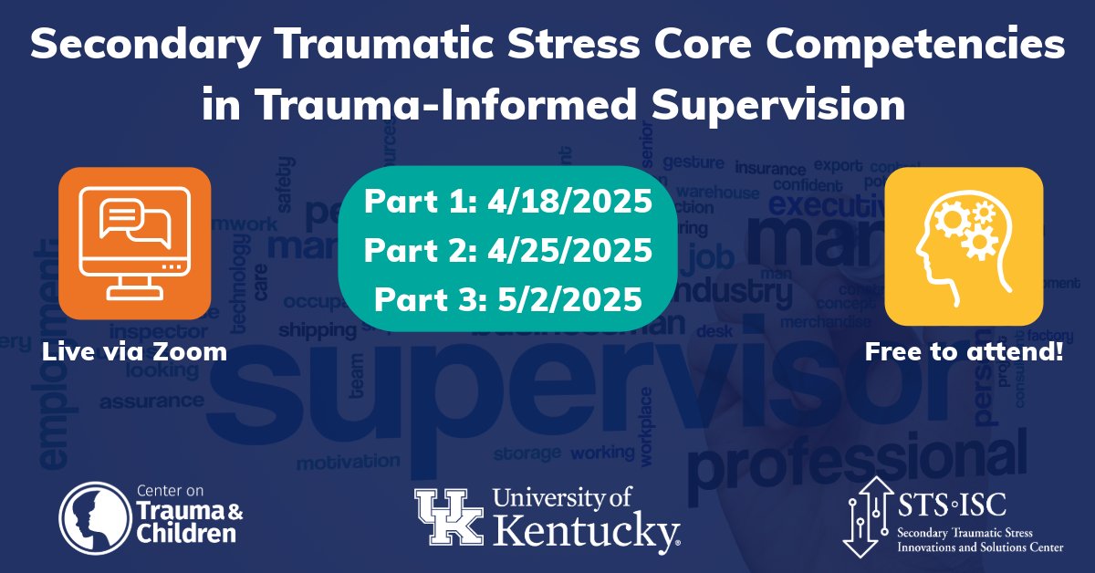The Secondary Traumatic Stress Innovations and Solutions Center is hosting a free, online, three-part Secondary Traumatic Stress-Informed Supervisory Competencies Training!

Register here: loom.ly/BN8knRw #UKCTAC