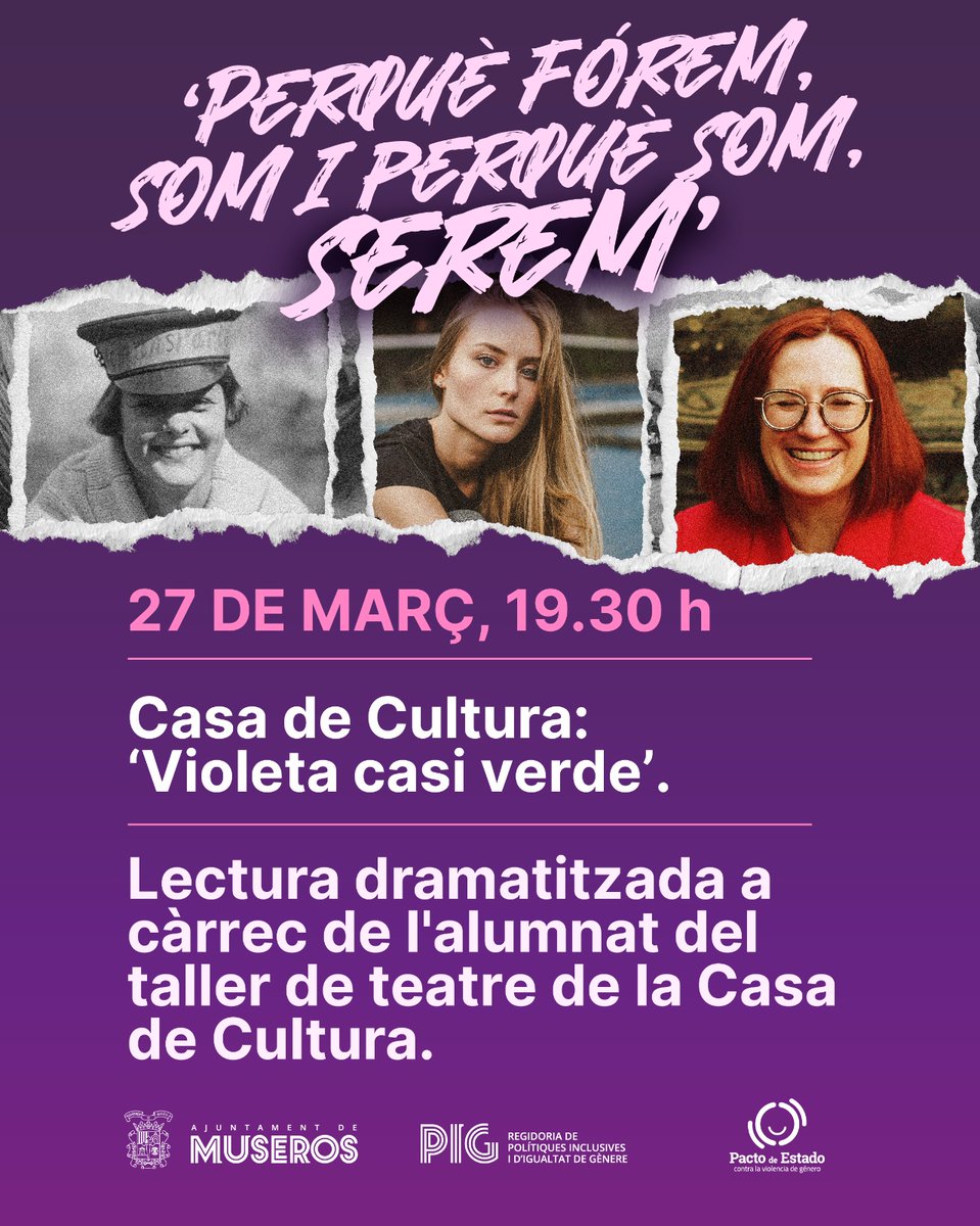 📖 Dijous, 27 de març, la Casa de Cultura de Museros acollirà la lectura dramatitzada 'Violeta casi verde', dins de la programació del mes de la Dona.

💜 No t'ho perdes!