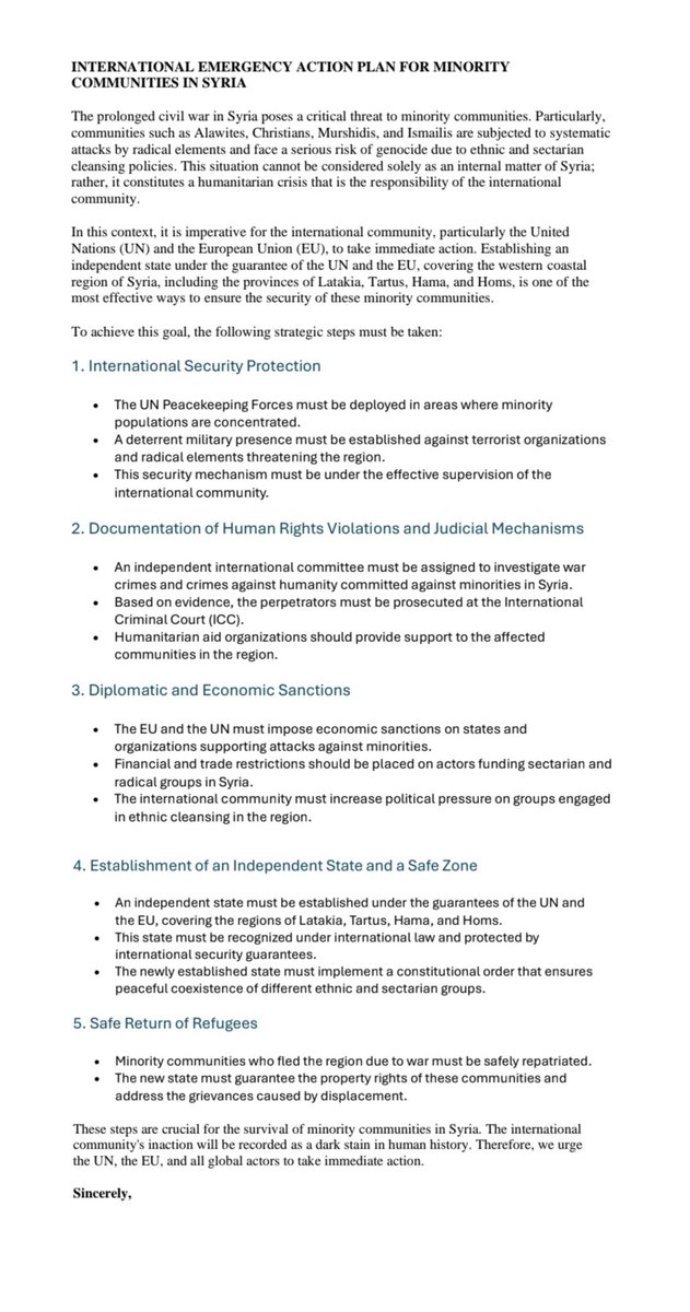 <a href="/klcmesutklc/">Mesut Kılıç</a> Alawites and minorities in Syria are facing extinction! We call on the UN and the EU for urgent action! #StopGenocide #SyriaCrisis
<a href="/EU_Commission/">European Commission</a> <a href="/UN/">United Nations</a> <a href="/oliviagregoire/">Olivia Gregoire</a> <a href="/DeputesEnsemble/">Les Députés Ensemble pour la République</a> <a href="/EmmanuelMacron/">Emmanuel Macron</a> <a href="/jnbarrot/">Jean-Noël Barrot</a> <a href="/elonmusk/">Elon Musk</a> <a href="/NFarantouris/">Νικόλας Φαραντούρης / Nikolas Farantouris</a>  <a href="/POTUS/">President Donald J. Trump</a>  <a href="/MartaKosEU/">Marta Kos</a> <a href="/antonioguterres/">António Guterres</a> <a href="/EUAmbUN/">Ambassador Stavros Lambrinidis</a>