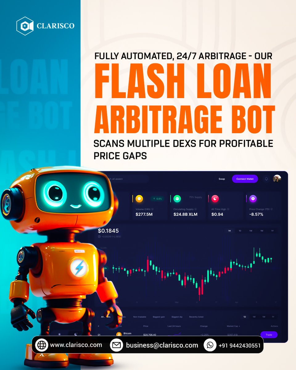 ClariscoSol's tweet image. Experiencing continuous losses in your Crypto trading journey? Try our 'Flash Loan Arbitrage Trading Bot' to increase profits.
Want to build one?
bit.ly/3yobEz1
#clarisco #Blockchain #TokenDevelopment #CryptoToken #Tokenization #BlockchainToken #DeFiToken #smartcontract